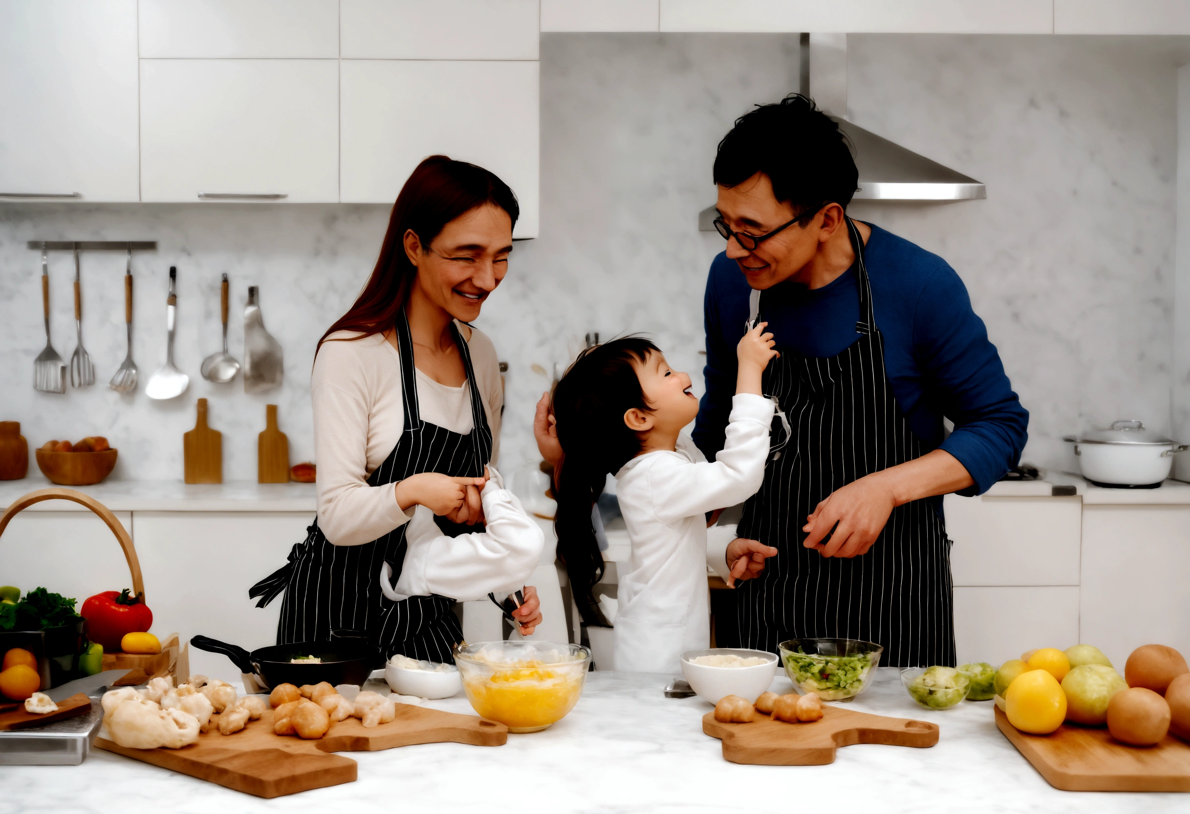araffes and a woman and a are In the kitchen, cooking, Wearing an apron, In the kitchen里, photo, lifestyle, gourmet food, In the kitchen, French,欧洲脸孔 cooking show, happy , Husband, wife, son, children, European, shutter, healthy, photography, 营销photo, Mixed Art, Warm and convivial atmosphere