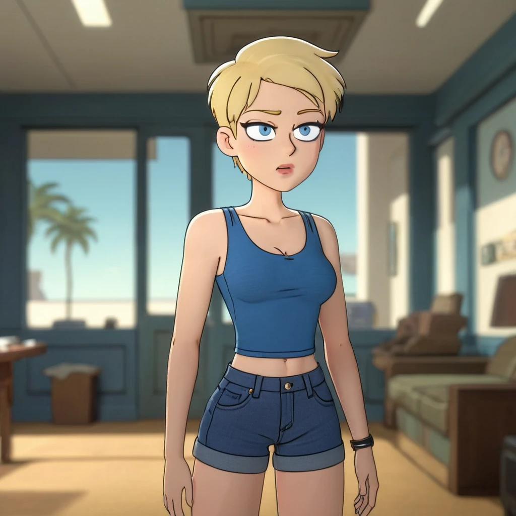 Panel work of art, blue colored eyes, short blonde hair, wearing a tight blue tank top with a low neckline, wearing short, tight denim shorts with the buttons open, defined body, 4K HD image