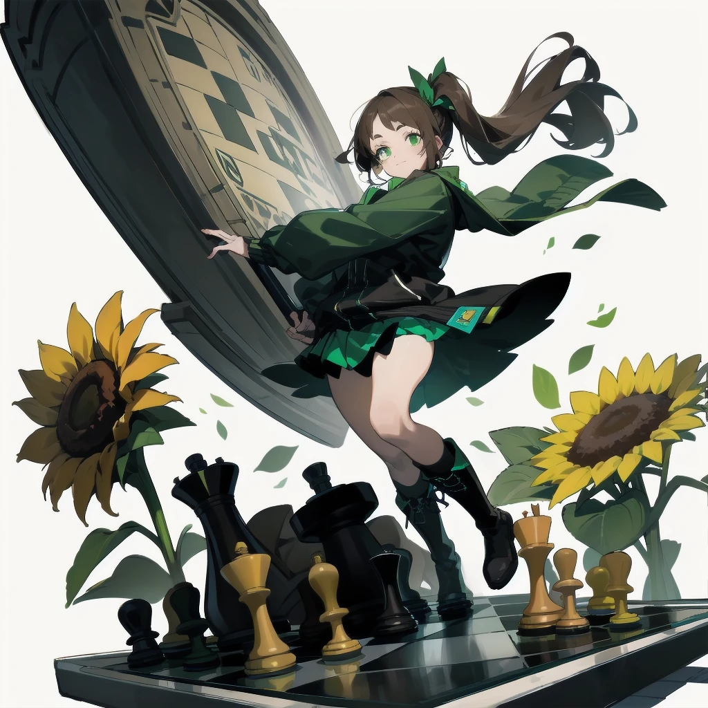[(White background:1.15), ::2]Solitary, Medium shot, whole body，High saturation a girl，（Brown side ponytail），dynamic，Jumping，Green eyes，[White background 1::5]，Dark green windbreaker，Mini skirt，Black Silk，（Stand on a giant chess board），boots， Black and white diamond tiles on the floor，（（（White background1::5））），（（（beautiful eyes））），（（Facial portrayal）），（（Delicate face）），Holding a giant sunflower，flurry