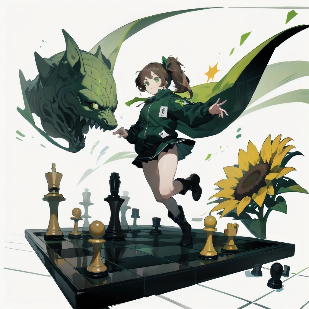 [(White background:1.15), ::2]Solitary, Medium shot, whole body，High saturation a girl，（Brown side ponytail），dynamic，Jumping，Green eyes，[White background 1::5]，Dark green windbreaker，Mini skirt，Black Silk，（Stand on a giant chess board），boots， Black and white diamond tiles on the floor，（（（White background1::5））），（（（beautiful eyes））），（（Facial portrayal）），（（Delicate face）），Holding a giant sunflower，flurry