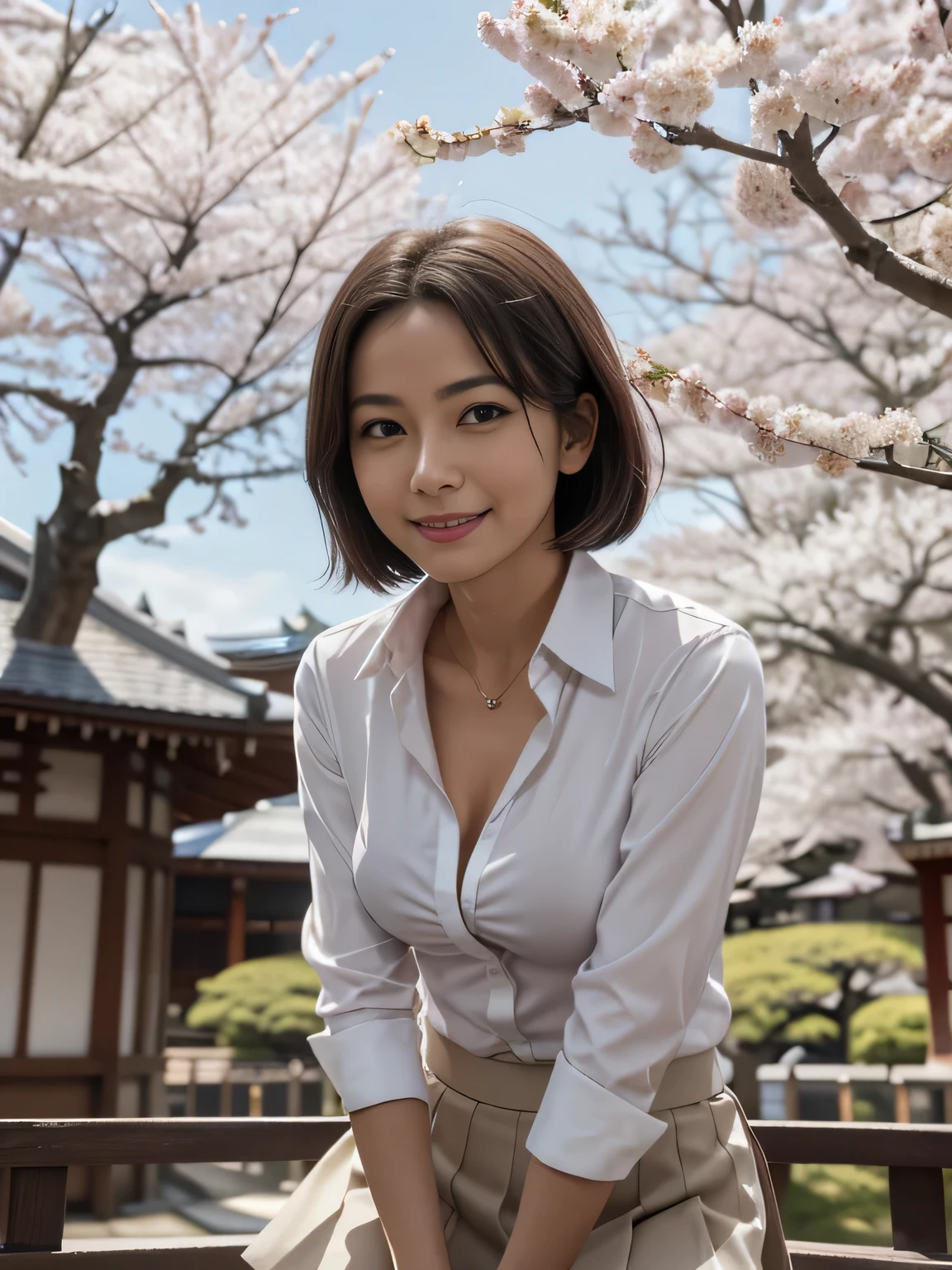 Droopwg collar, A slightly visible bra under the shirt,Lookwg down,Leanwg forward,(((A small valley is visible))),skirt,One girl, Lookwg_w_Audience, smile, Japan, Tokyo, Cherry Blossom, Octane Renderwg, 一人w, Very skwny,V-neck buswess suit,A neat image,Mature Woman