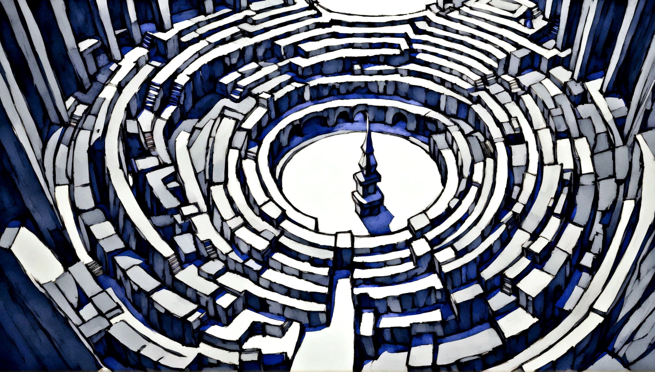 entering a labyrinth where a forking path is visualized in front. The place is built of gray walls and the sky is white