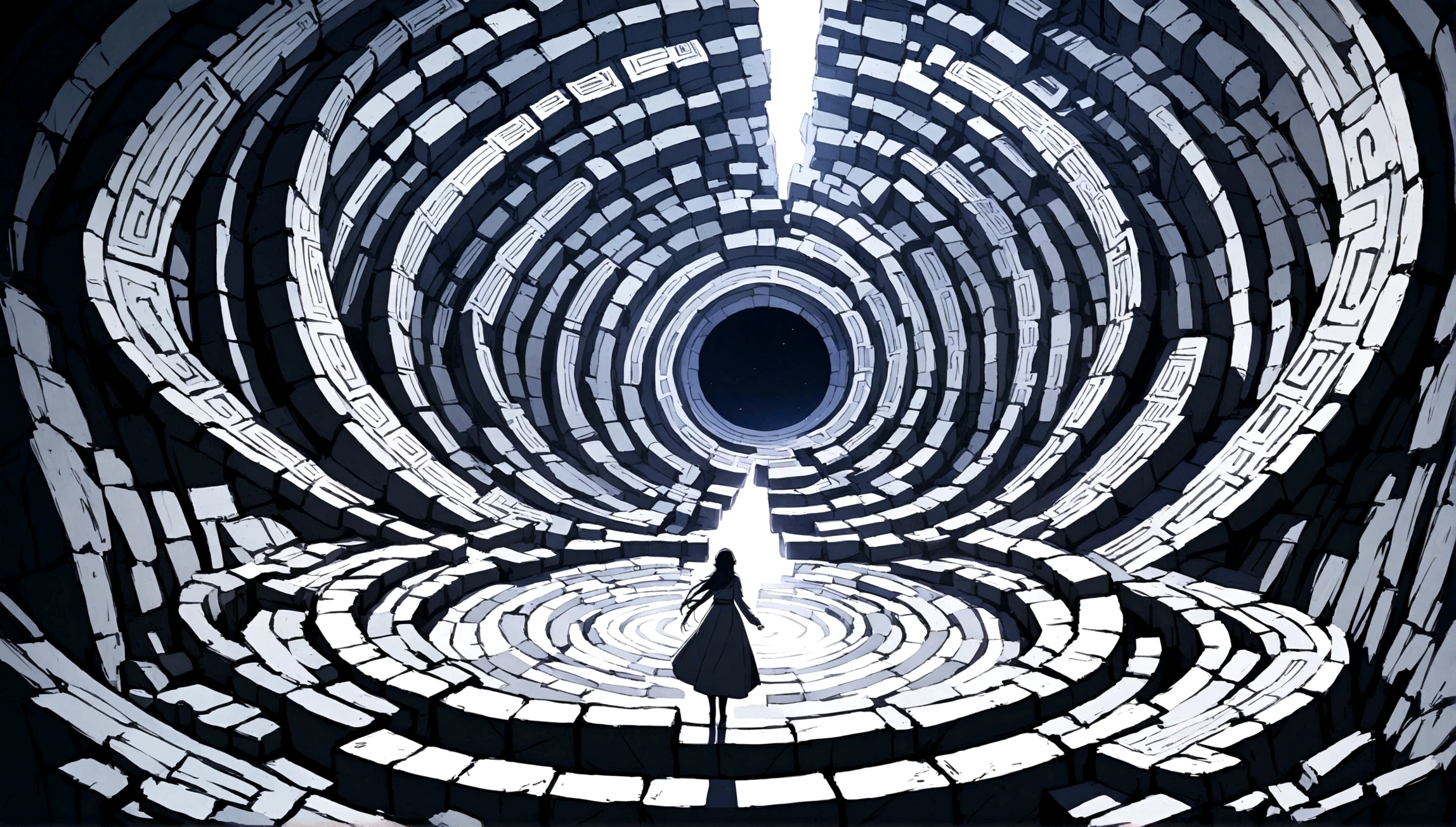 entering a labyrinth where a forking path is visualized in front. The place is built of gray walls and the sky is white