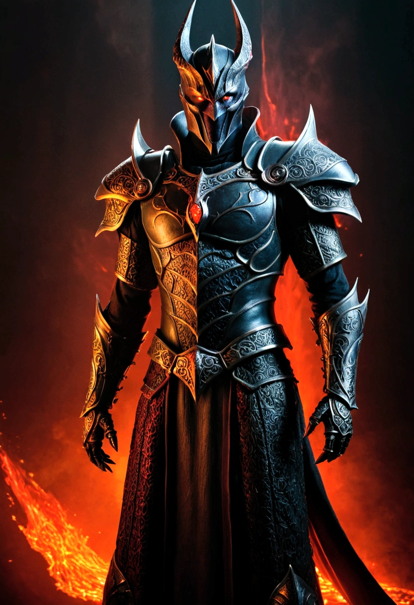 Portrait of Sauron, the Dark Lord, standing tall realistic, high quality brilliantly rendered, dark and ominous atmosphere, glowing red eyes, sharply angled features and body, menacing expression, ornate dark armor, dramatic lighting, moody color tones, cinematic composition, fantasy, realistic effect Light and lighting