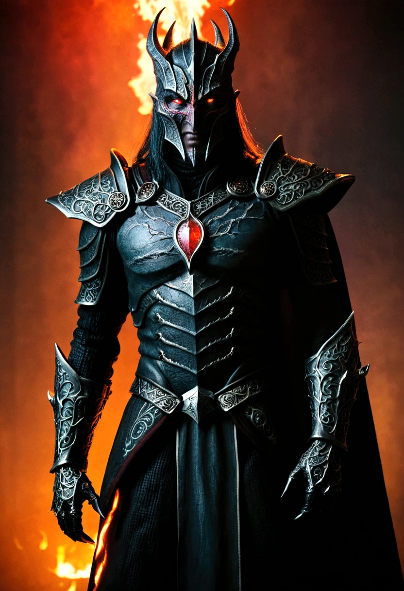 Portrait of Sauron, the Dark Lord, standing tall realistic, high quality brilliantly rendered, dark and ominous atmosphere, glowing red eyes, sharply angled features and body, menacing expression, ornate dark armor, dramatic lighting, moody color tones, cinematic composition, fantasy, realistic effect Light and lighting