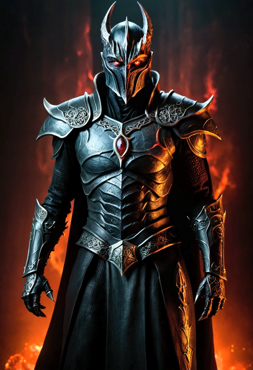 (extremely detailed 8k wallpaper), a medium shot photo of Grim dressed as a scary masked lava-supervillain in an orange armour made of white glowing armour from marvel, theme, intricate, high detail, dramatic, mountain with lava running down the mountain in the background