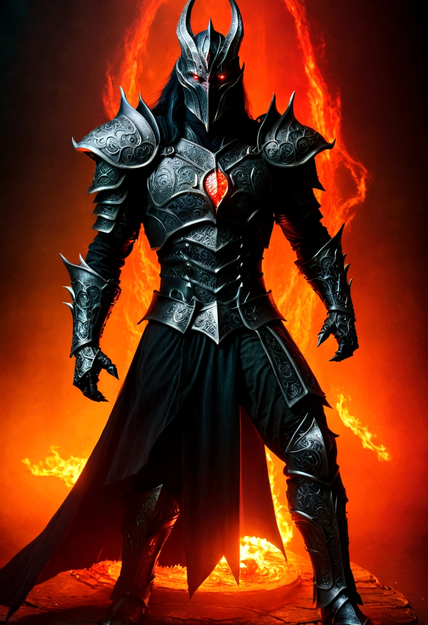 Portrait of Sauron, the Dark Lord, standing tall realistic, high quality brilliantly rendered, dark and ominous atmosphere, glowing red eyes, sharply angled features and body, menacing expression, ornate dark armor, dramatic lighting, moody color tones, cinematic composition, fantasy, realistic effect  Light and lighting
