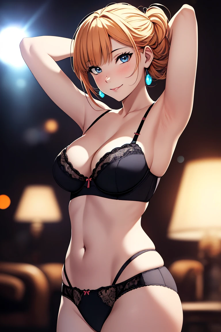 1 woman, ((arms behind head:1.4)), looking at the viewer, official art, extremely detailed CG unity 8k wallpaper, Colorful, (masterpiece:1.2),(best_quality:1.2), ultra high res,4K,ultra-detailed, photography, 8K, HDR, high res, Kodak Portra 400, film grain, blurry background, bokeh:1.2, lens flare, hyper-realistic, ((cowboy shot)), (looking ahead:1.4)), ((frontal face:1.4)), (front view:1.4)), ((facing forward:1.4)), (blurry dark background:1.4), (blush), evil smile, (manga style), (anime), beautiful flat breast, (thin fabric sexy bra with thin fabric sexy pantie:1.4),