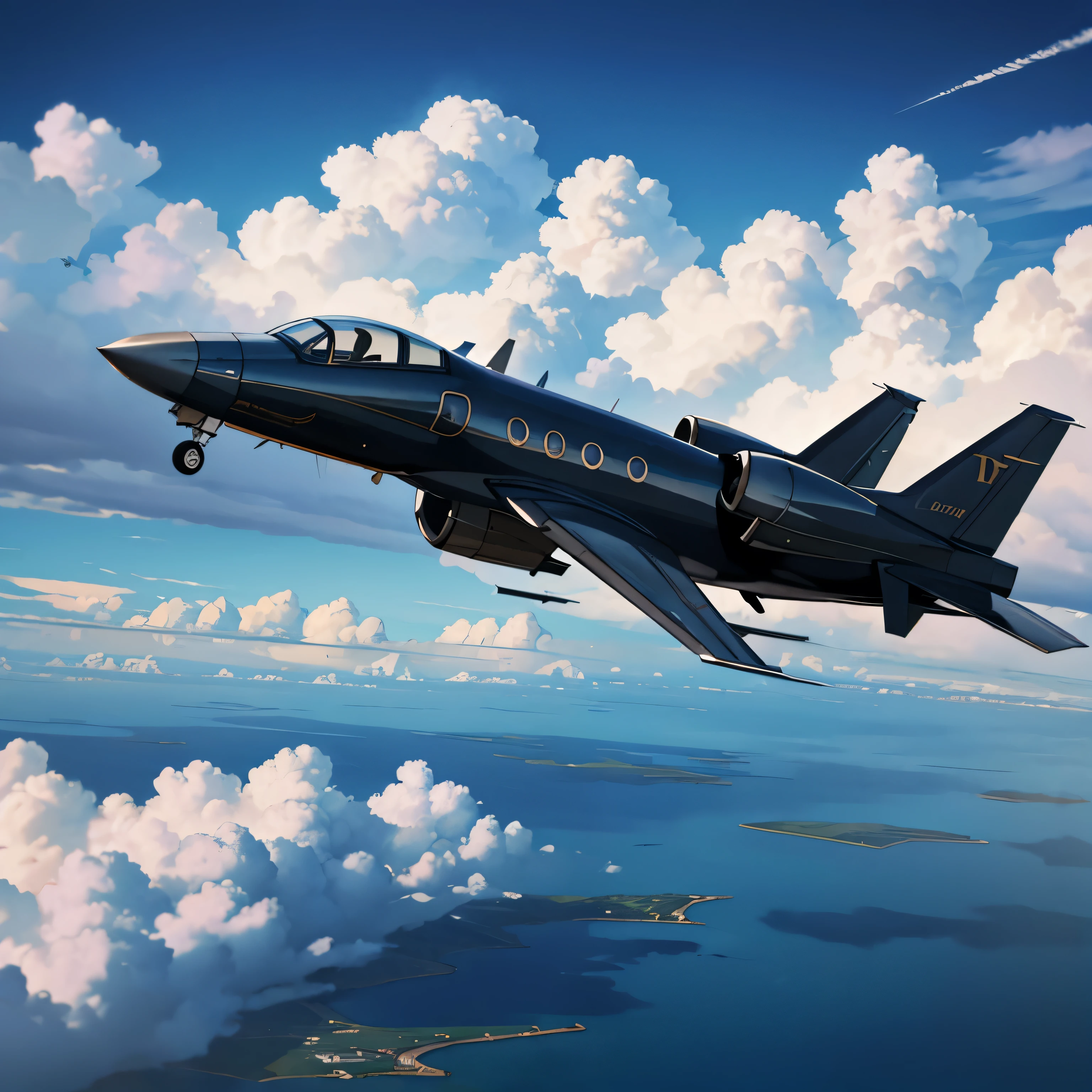 1970, a private jet flying through the clouds, outside, cinematic action, atmospheric perspective, depth of field, textured skin, super detail,