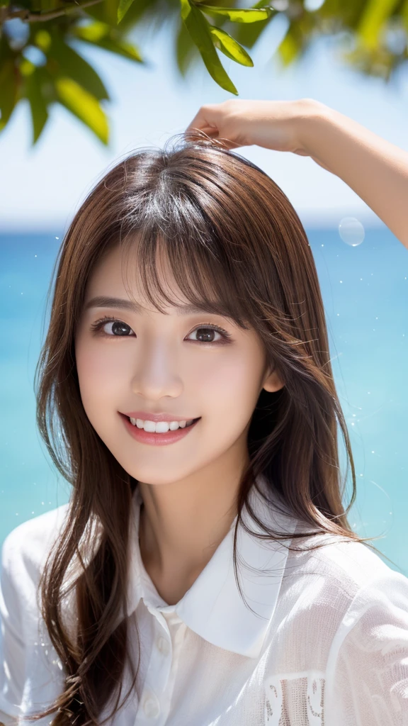 ((Highest quality、Tabletop、8K、Best image quality、Extremely intricate and detailed))、(1 person photo:1.1)、(Look at me with your best smile:1.1)、(Beautiful beaches:1.1)、(White polyester high short sleeve collar shirt:1.1)、(The perfect short sleeve collared shirt:1.1)、Accentuate your body lines、The most natural and perfect sea background、最も澄んだBeautiful sea、(Very large breasts:1.1)、(Face close-up:1.2)、Glamorous Body、Hair swaying in the wind、Sandy Beach、Beautiful sea、The clearest and most shining sea、Complex sea glow、The most detailed and realistic ocean、Beautiful seaの詳細が描かれています、(Very brightly lit face:1.2)、Ultra-high definition beauty face、(Ultra high resolution perfect beautiful teeth:1.1)、Ultra HD Hair、Ultra-high definition sparkling eyes、(Pure white skin shining in ultra-high resolution:1.2)、Ultra-high quality glossy lips、The cutest gravure pose、(Very bright and vivid:1.2)、(Very bright:1.2)、(Very refreshing:1.1)、(Glowing white beautiful skin:1.2)、(Very strong exposure:1.2)、(Pure white skin that shines Very brightly:1.2)、(Very strong highlights:1.2)、(Very bright and glowing skin:1.2)、Blurred Background
