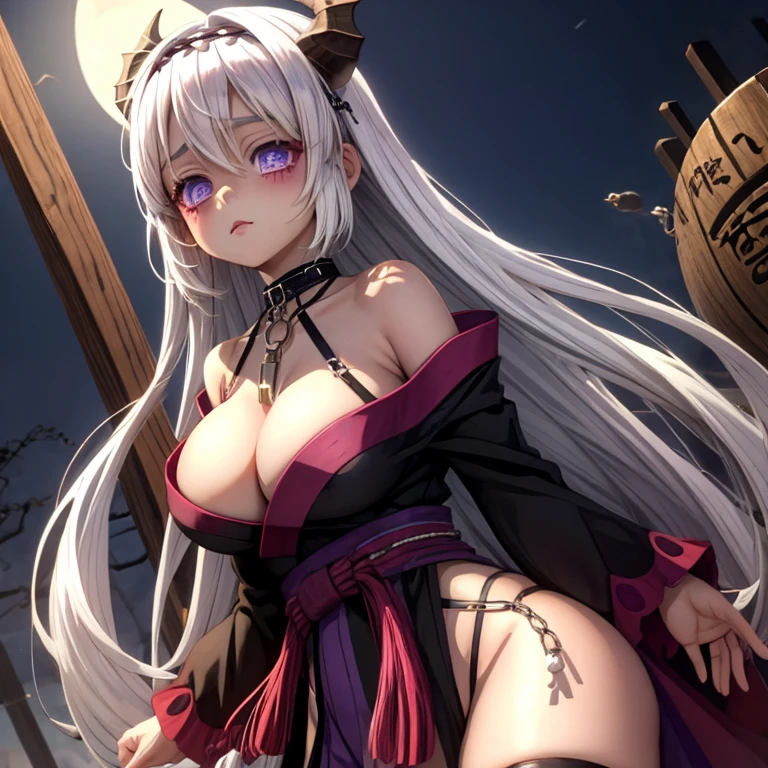 Niña pequeña, White hair,  Violets eyes, slave collar, chains on his neck and arms, demons, (Large round : 0.6),  (Moon demon eyes: 1.18) (kimono: 0.9), (Wide : 0.75), (girl face: 0.6), (pale skin: 0.8).