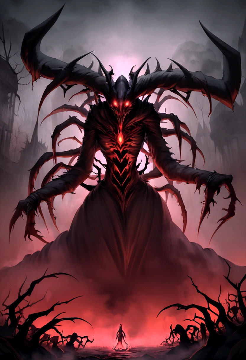 A dark, mystic depiction of a demon with features of a fearsome animal. This entity has a nightmarish, twisted form, with elongated limbs, clawed hands, and a face that combines demonic and bestial elements. The background is a cursed forest, shrouded in thick fog and illuminated by dim, flickering lights. The atmosphere is filled with a sense of cosmic horror and apocalyptic dread, amplifying the creature's terrifying presence.