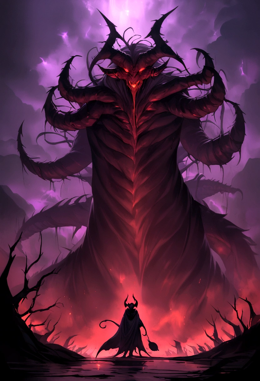 A dark, mystic depiction of a demon with features of a fearsome animal. This entity has a nightmarish, twisted form, with elongated limbs, clawed hands, and a face that combines demonic and bestial elements. The background is a cursed forest, shrouded in thick fog and illuminated by dim, flickering lights. The atmosphere is filled with a sense of cosmic horror and apocalyptic dread, amplifying the creature's terrifying presence.
