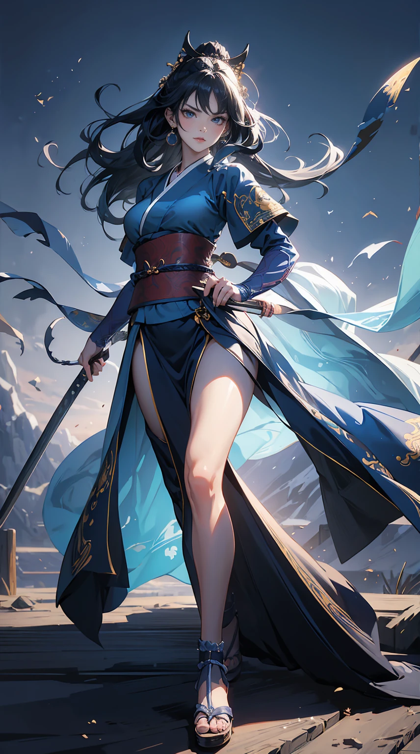 Highest quality、masterpiece、8K、Realistic、超High resolution、Very delicate and beautiful、High resolution、Fantasy、Muscle Girl、Perfect female body、Neutral women、Blue Hair、Toned body、Cape、kimono、Wild Pose、Full body emphasis、Simple Background、Angry、samurai、Iai