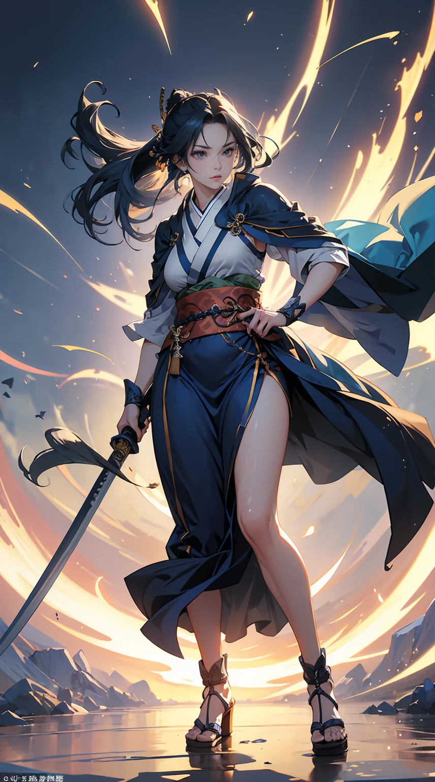 Highest quality、masterpiece、8K、Realistic、超High resolution、Very delicate and beautiful、High resolution、Fantasy、Muscle Girl、Perfect female body、Neutral women、Blue Hair、Toned body、Cape、kimono、Wild Pose、Full body emphasis、Simple Background、Angry、samurai、Iai