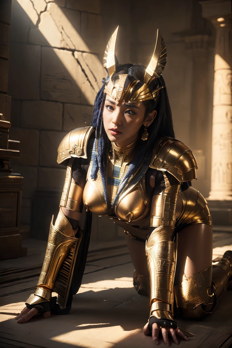 ((Highest quality、8K、masterpiece:1.3))、Realistic, Sharp focus, High resolution, High resolution, Portraiture, One person, woman, beautiful woman, sexy、Action pose、Ancient Egypt、Cyber Battlesuit、Complex technology, pyramid、Ancient Egypt都市、Light and shadow、Laser light、Copper-colored hair