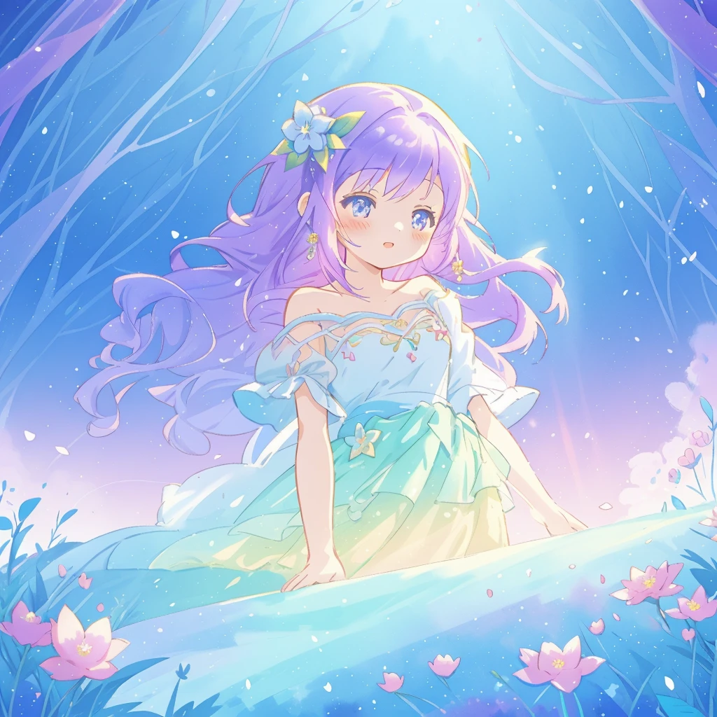 beautiful girl in gradient layered fantasy dress, long flowing blue purple hair, colorful fantasia background, watercolor illustration, disney art style, glowing aura around her, glowing lights, beautiful digital illustration, fantasia otherworldly landscape plants flowers, beautiful, masterpiece, best quality, anime disney style