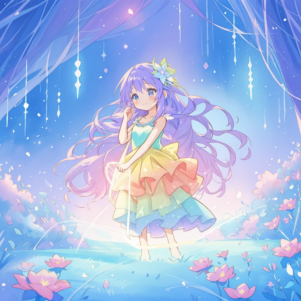 beautiful girl in gradient layered fantasy dress, long flowing blue purple hair, colorful fantasia background, watercolor illustration, disney art style, glowing aura around her, glowing lights, beautiful digital illustration, fantasia otherworldly landscape plants flowers, beautiful, masterpiece, best quality, anime disney style