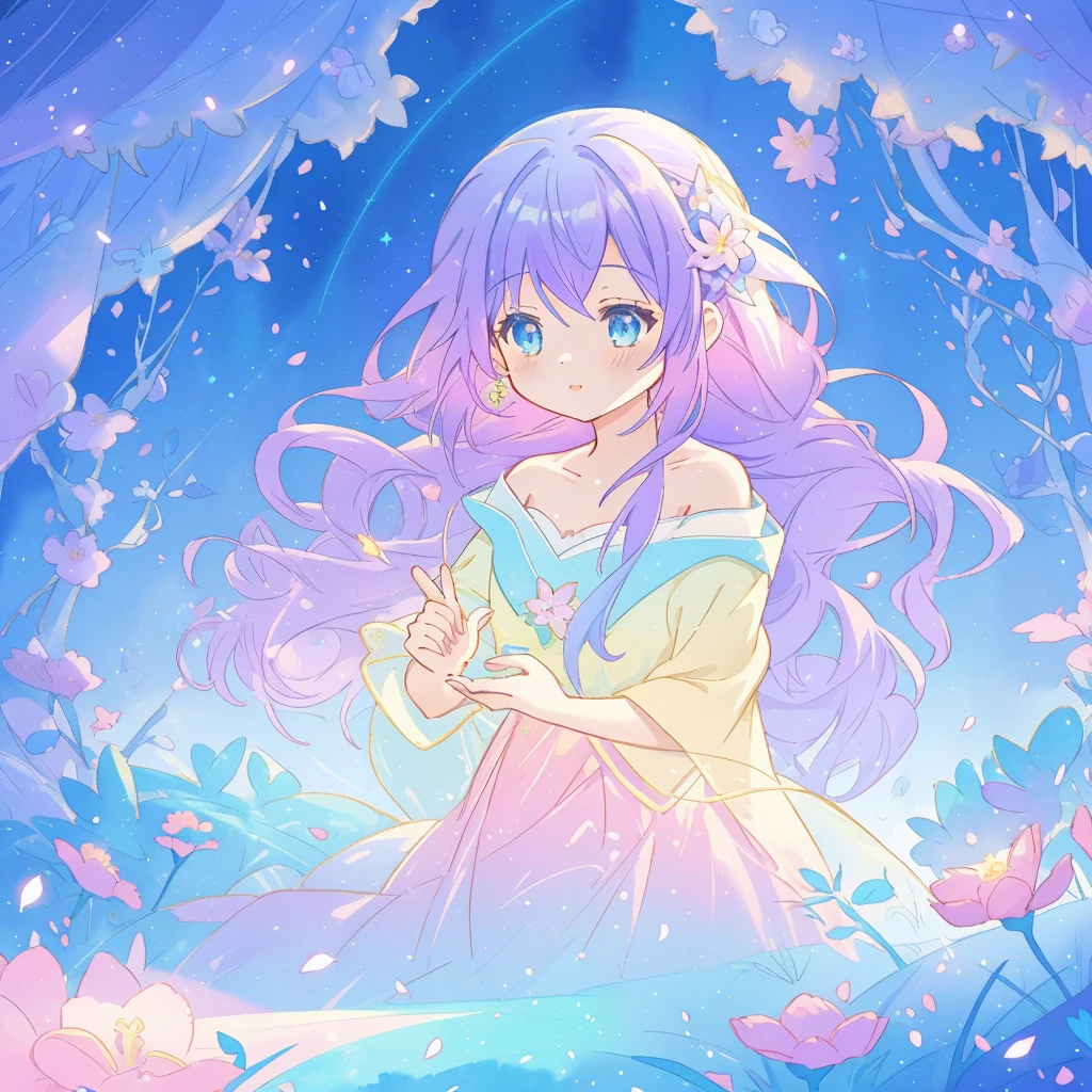 beautiful girl in gradient layered fantasy dress, long flowing blue purple hair, colorful fantasia background, watercolor illustration, disney art style, glowing aura around her, glowing lights, beautiful digital illustration, fantasia otherworldly landscape plants flowers, beautiful, masterpiece, best quality, anime disney style