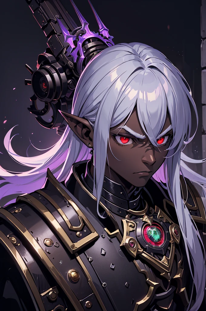 masterpiece, best quality, ultra high res, dark theme, 1boy, (dungeonpunk armor), (mechanical steampunk armor), (wearing armor), fantasy illustration, dark skinned, human, upper body, portrait, red eyes, long white hair, half-drow, pointy ears, serious face, young man, dramatic lighting, purple hue, art by Kinema Citrus