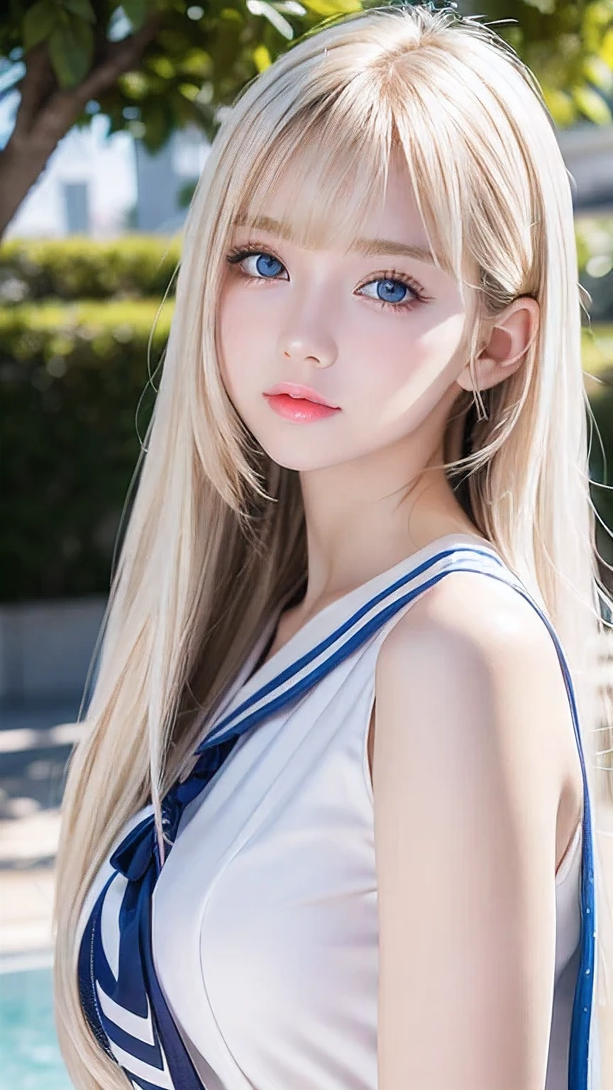 Very white and radiant beautiful skin, A beautiful girl, Unparalleled beauty, Bright, refreshing and gentle expression, Perfect beautiful pretty face、Shiny baby blonde silk super long straight hair, Beautiful shiny bangs, A very beautiful , Eyeliner, Very perfect and beautiful cute big clear bright white blue eyes、、Ample Bust、Sailor suit、Female student