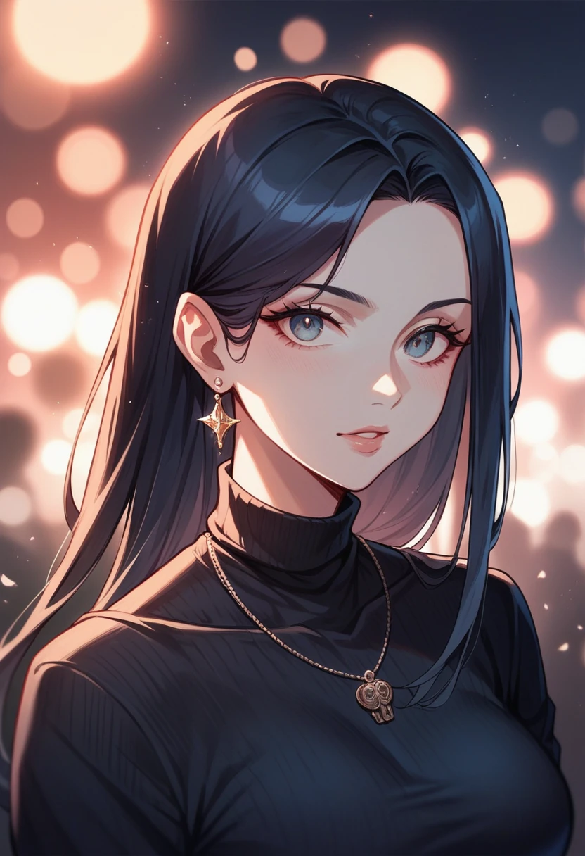 (Noir Cinematic Aesthetics) Full body photo of a beautiful model from Argentina. bokeh city night, portrait of a wonderfully beautiful woman, portrait showing the whole body, woman in a beautiful long black sweater, with lots of transparency and fine fabrics. 