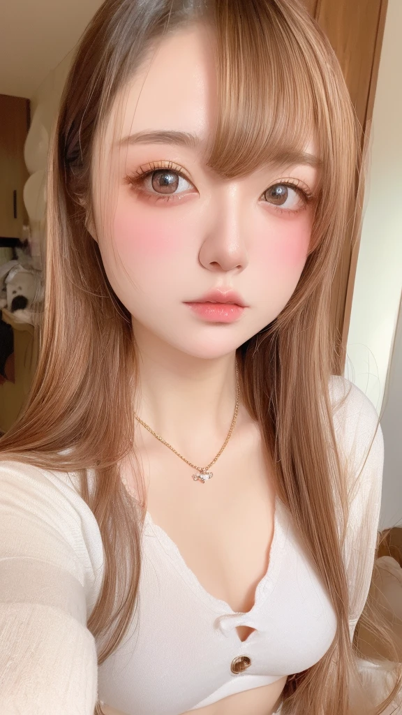 masterpiece, Highest quality, 4K, Ultra-high resolution, mishoujo, Painting, Beautiful eyes and a beautiful face, shape, Beautiful details, high resolution shape, Shine_white_particle, One Girl, Brown Hair, Grey Eyes, 、Large Breasts、belly button、Japanese、Japanese Idols