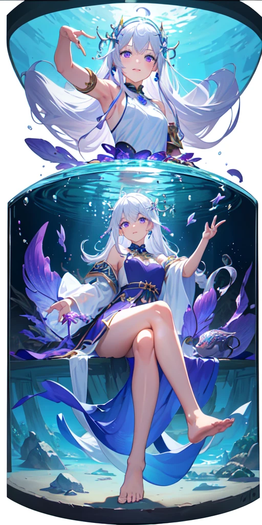 [(Transparent background:1.5)::5],(((masterpiece))),(((best quality))),(((extremely detailed))),illustration, 1girl,solo,mysterious,vivid color,shiny, underwater transparent sealed hemispherical glass dome, (white hair),(purple eyes), full body,barefoot,long hair tranquil nature, koi,Underwater, Dome,close up,Dynamic actions,Lens perspective,(((Box composition))),sit cross-legged and lean against the bookshel, volumetric lighting, multi-color eyes, detailed eyes, hyper detailed,light smile, highly detailed, beautiful, small details, ultra detailed, best quality, intricate, 4k, 8k, trending on artstation, good anatomy, beautiful lighting, award-winning,