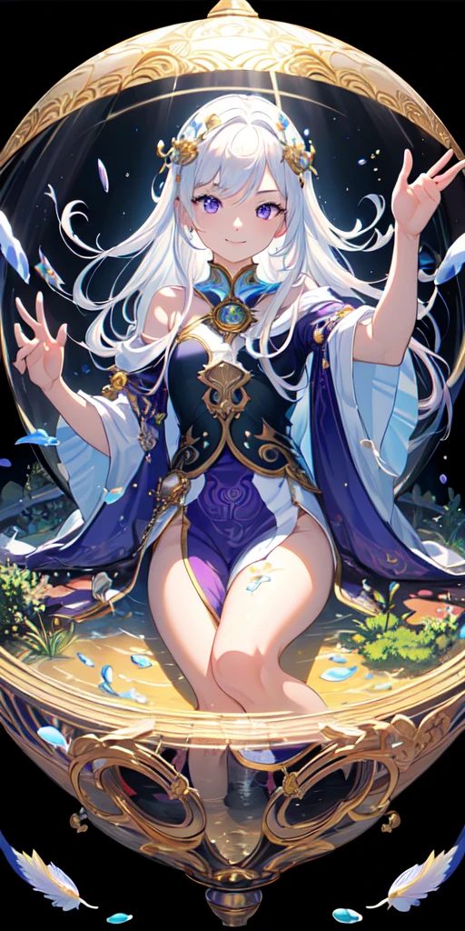 [(Transparent background:1.5)::5],(((masterpiece))),(((best quality))),(((extremely detailed))),illustration, 1girl,solo,mysterious,vivid color,shiny, underwater transparent sealed hemispherical glass dome, (white hair),(purple eyes), full body,barefoot,long hair tranquil nature, koi,Underwater, Dome,close up,Dynamic actions,Lens perspective,(((Box composition))),sit cross-legged and lean against the bookshel, volumetric lighting, multi-color eyes, detailed eyes, hyper detailed,light smile, highly detailed, beautiful, small details, ultra detailed, best quality, intricate, 4k, 8k, trending on artstation, good anatomy, beautiful lighting, award-winning,