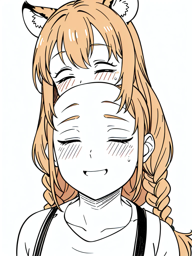 1girl,20 years old,mature female,solo,tiger ears,long hair,(twin braids),orange hair,(white background,line drawing),blush,open mouth,smile,closed eyes,drunked,portrait,drooling