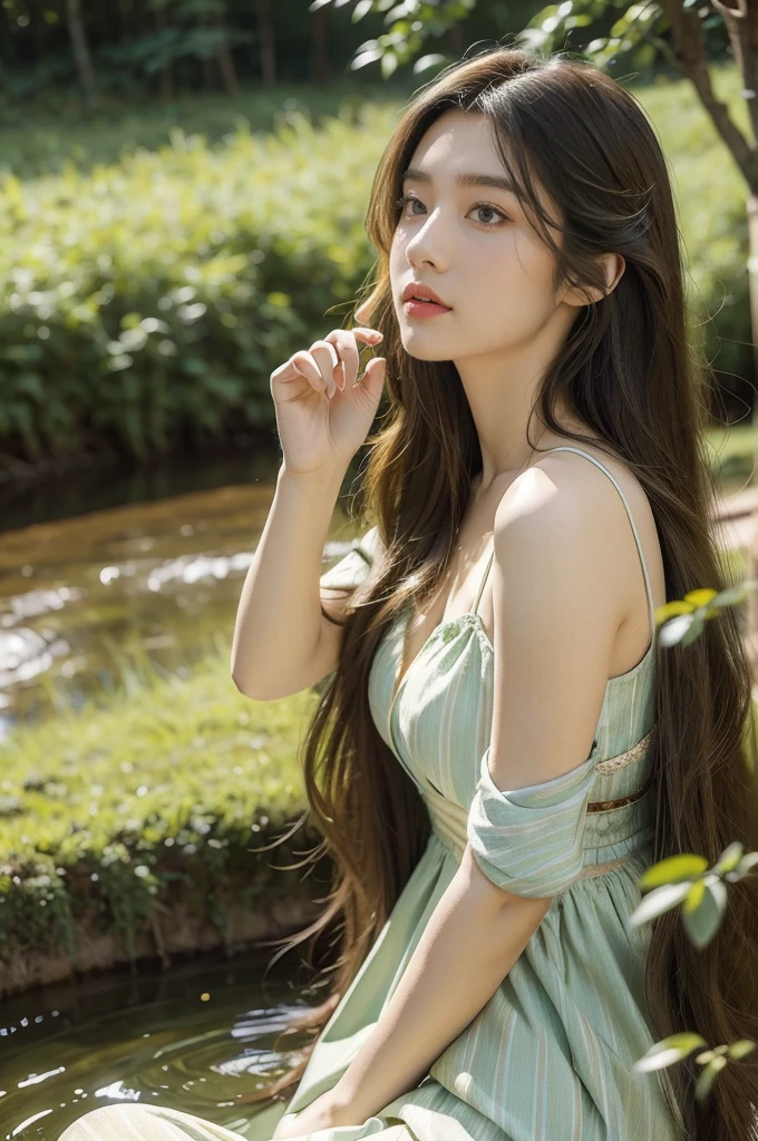 (((best quality))),(((ultra detailed))),(((masterpiece))),illustration,1girl,long flowing hair,vibrant greenery,sparkling eyes,flowing sundress with wildflowers,majestic tiger,striped fur,focused eyes,strong and powerful,hand on tiger's mane,interlaced fingers,balanced,lush summer forest,leaves rustling,bird chirping,sunlight filtering through canopy,dancing shadows,nearby stream,babbling waters,clear reflection,harmony between humans and nature,symbol of unity and respect,moment of pure magic,inviting viewers to imagine,dreams become reality