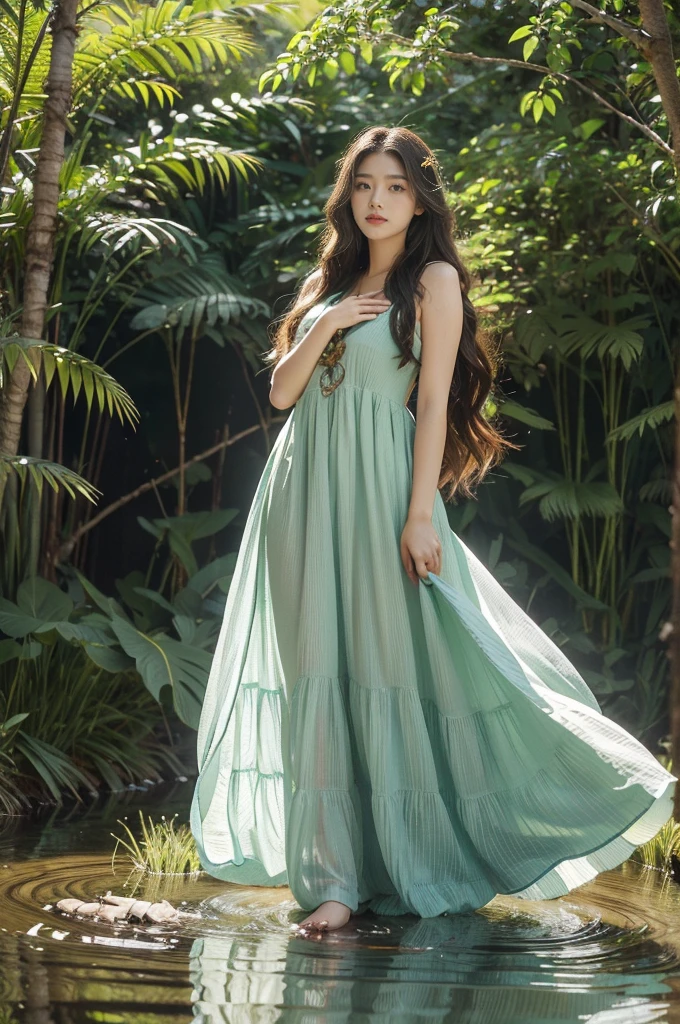 (((best quality))),(((ultra detailed))),(((masterpiece))),illustration,1girl,long flowing hair,vibrant greenery,sparkling eyes,flowing sundress with wildflowers,majestic tiger,striped fur,focused eyes,strong and powerful,hand on tiger's mane,interlaced fingers,balanced,lush summer forest,leaves rustling,bird chirping,sunlight filtering through canopy,dancing shadows,nearby stream,babbling waters,clear reflection,harmony between humans and nature,symbol of unity and respect,moment of pure magic,inviting viewers to imagine,dreams become reality