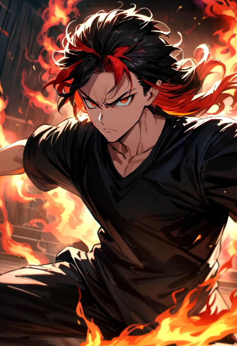 Teenage boy, hair lifted up, medium length hair, multicolored fiery red hair, serious face, Eyes red, loose black shirt,  pair of medium black gloves, fire aura around the character, scene in a fighting arena, lot of details