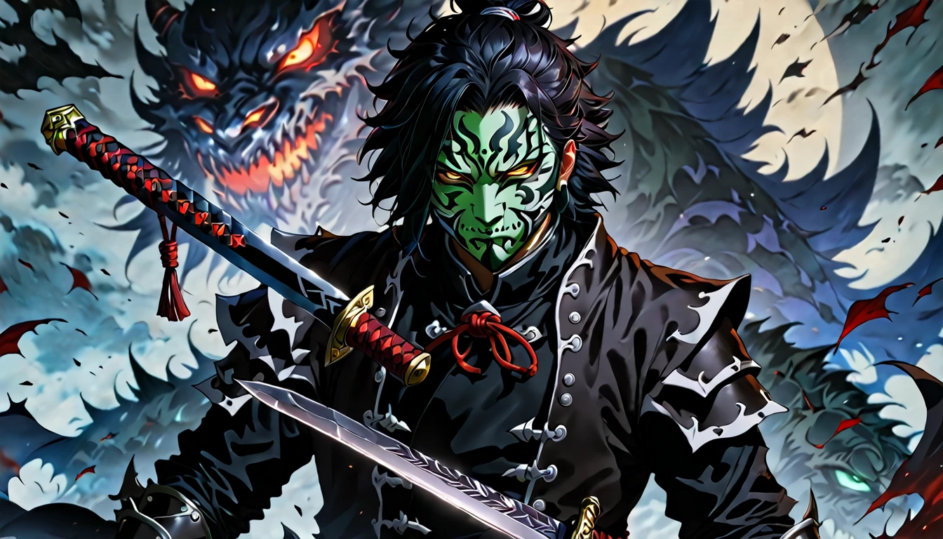 demon mask, sword on the hand,close up, black heavy detailed clothes, hand katana, art, dark and malevolent, hand sword, armor, powerful and intimidating, (masterpiece, best quality, ultra-detailed, best shadow), (detailed background, dark fantasy) dramatic light, intricate details, dark and malevolent, powerful and intimidating, Dark and foreboding, malevolent force, sinister and chilling, armor, high detailed background, girl in demon slayer art, demon slayer art style, epic anime art, God death