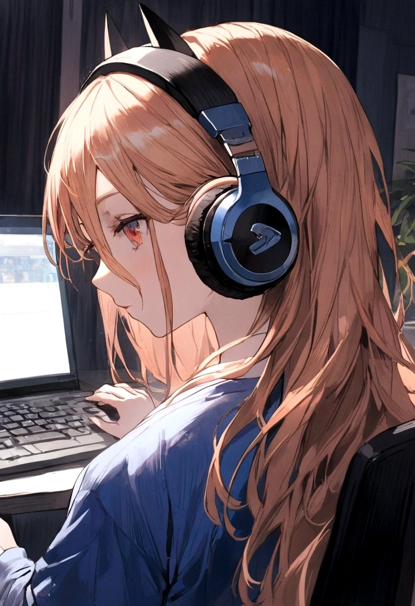 1 anime girl, wearing a blue shirt with harl on the back, sitting on a chair, Wearing Headphones, playing on pc.