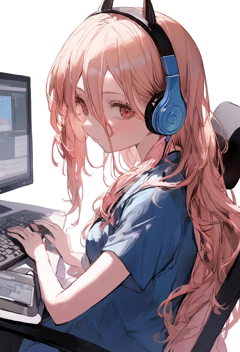 1 anime girl, wearing a blue shirt with harl on the back, sitting on a chair, Wearing Headphones, playing on pc.