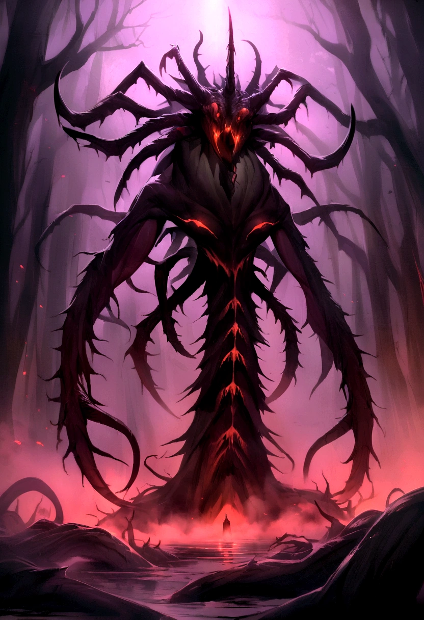 A dark, mystic depiction of a demon with features of a fearsome animal. This entity has a nightmarish, twisted form, with elongated limbs, clawed hands, and a face that combines demonic and bestial elements. The background is a cursed forest, shrouded in thick fog and illuminated by dim, flickering lights. The atmosphere is filled with a sense of cosmic horror and apocalyptic dread, amplifying the creature's terrifying presence.
