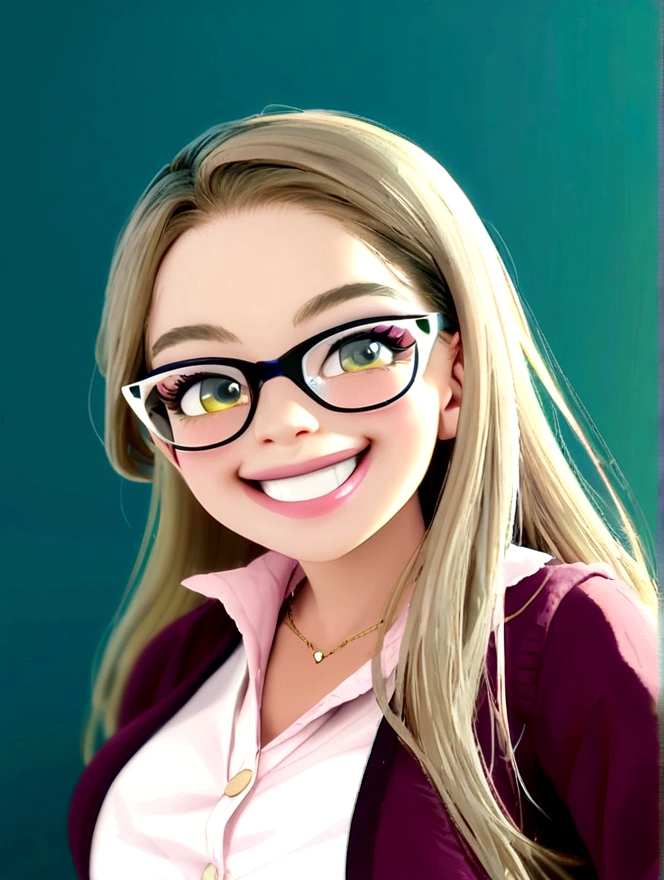 Imagem estilo pixar com personagem 3D óculos brancos de grau mulher cabelo longo liso olhos castanho escuro dançando, Disney makeup,fisherman, cute, smiling ,close up, pixar, Disney, cinema lighting,