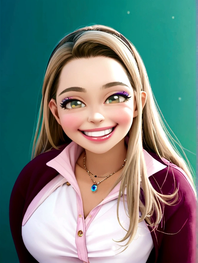 Imagem estilo pixar com personagem 3D óculos brancos de grau mulher cabelo longo liso olhos castanho escuro dançando, Disney makeup,fisherman, cute, smiling ,close up, pixar, Disney, cinema lighting,