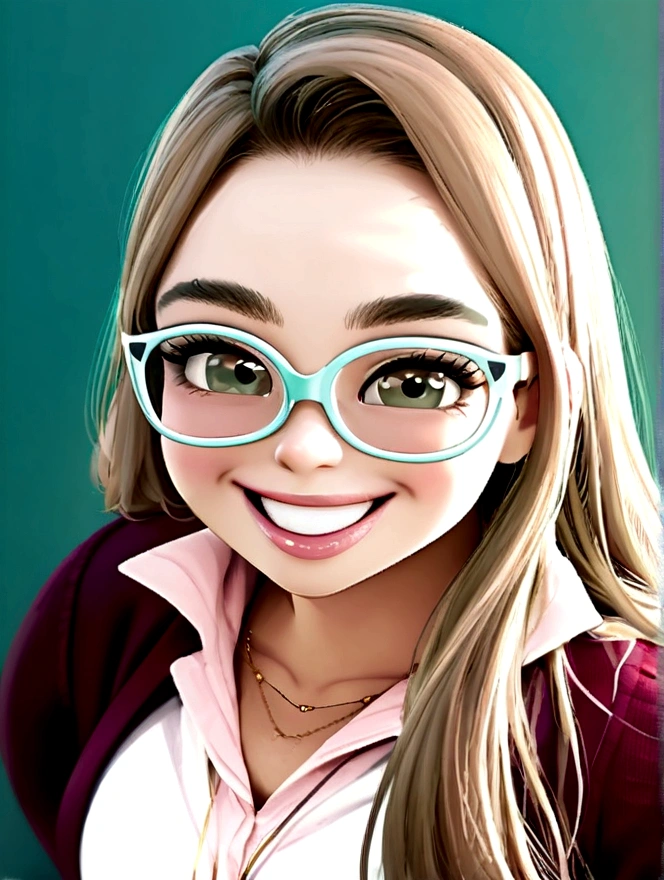Imagem estilo pixar com personagem 3D óculos brancos de grau mulher cabelo longo liso olhos castanho escuro dançando, Disney makeup,fisherman, cute, smiling ,close up, pixar, Disney, cinema lighting,
