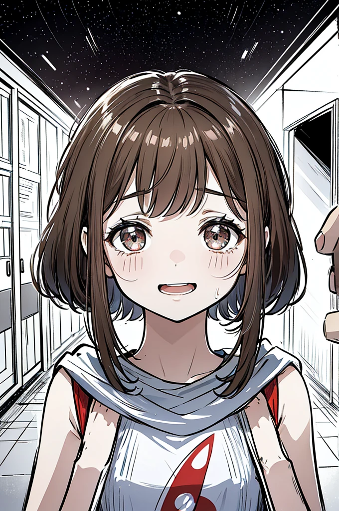 7 year old girl, cornered while boys bullying her surround her, laughing and teasing. She shrinks, trying not to cry. The girl is brunette, short brown hair, and with big, starry eyes, but due to fear, the spatial eye disappears