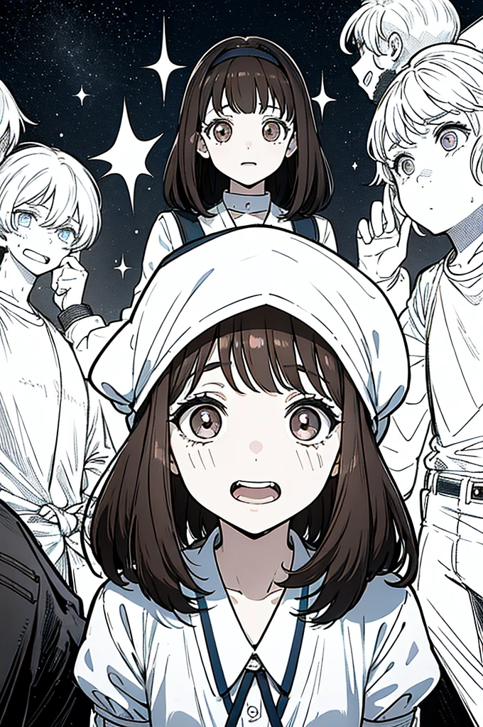 7  girl, cornered while boys bullying her surround her, laughing and teasing. She shrinks, trying not to cry. The girl is brunette, short brown hair, and with big, starry eyes, but due to fear, the spatial eye disappears