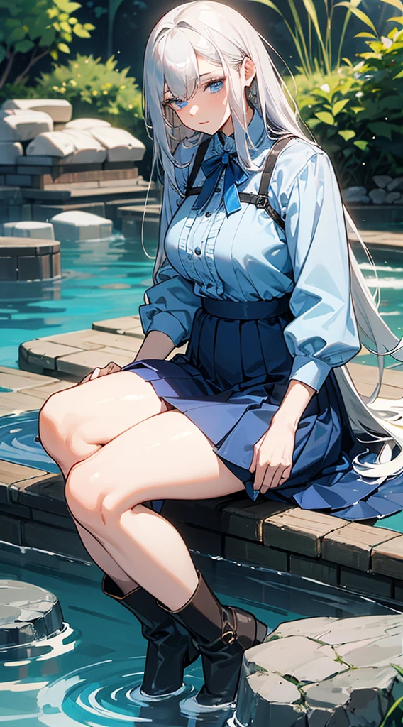 beautiful elderly woman, gray hair, long hair, ((crew cut: 1)), blue eyes, fair skin, ((muscular: 1)), woman, 50 years old, blue shirt with white, gold details, wide skirt, boots black, patriarch, water, water balls.

￼



