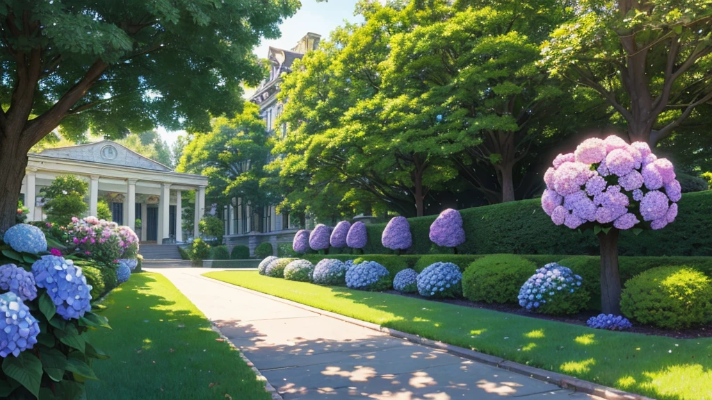 A classic style magic academy, large academy building, a large frontyard, filled with green trees, a lot of colorful hydrangea, a bench, a classic lamps