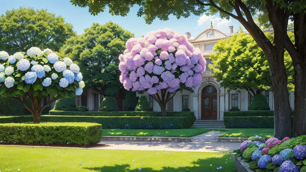 A classic style magic academy, large academy building, a large frontyard, filled with green trees, a lot of colorful hydrangea, a bench, a classic lamps