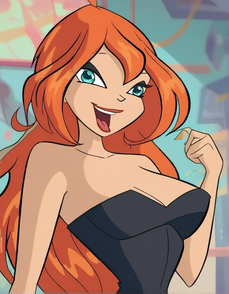 bl_oom, 1girl, ginger hair, blue eyes, looking at viewer, smiling, open mouth, tongue out, black makeup, black corset, strapless, naked big Breasts, naked shoulders, simple background, portrait, head to stomach shot, (extreme detail 2.0), score_9, score_8_up, score_7_up,