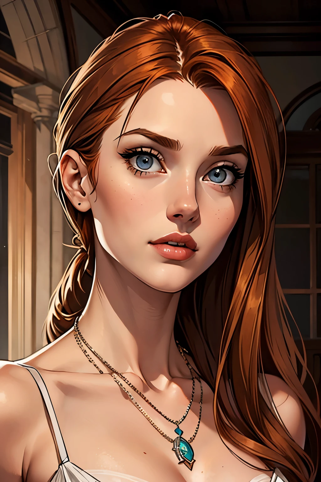 best qualityer, work of art, (realisitic: 1.2), 1 girl, slender girl, ginger hair, eyes browns, 3/4 view, face detailed, gorgeous eyes, eyes gray, eyes large, breasts small, necklace, see through gown