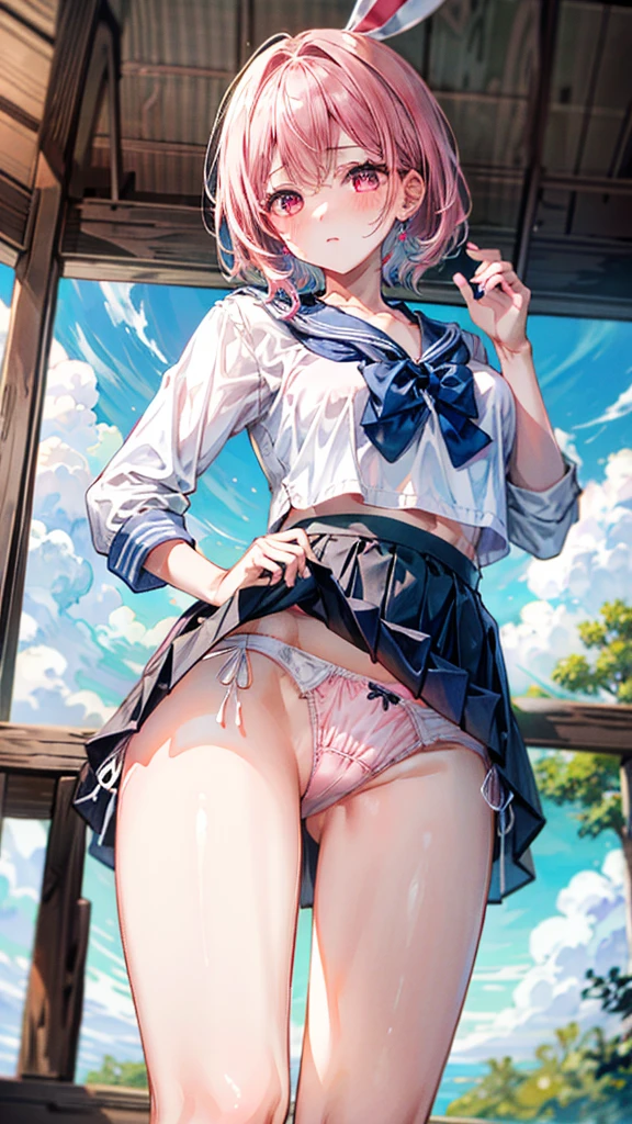 (Best quality, 8k, 32k, Masterpiece, UHD,:1.2),RAW, human, 1girl,ultra cute , ultra cute, natural lighting,transparent shining eyes, 20yo, medium breast ,femur, fair complexion , flushed face, sailor suit, playboy rabbit ear, showing panties, pink hair, short hair, From Below, Cowboy shot, sailor skirt, show off panties