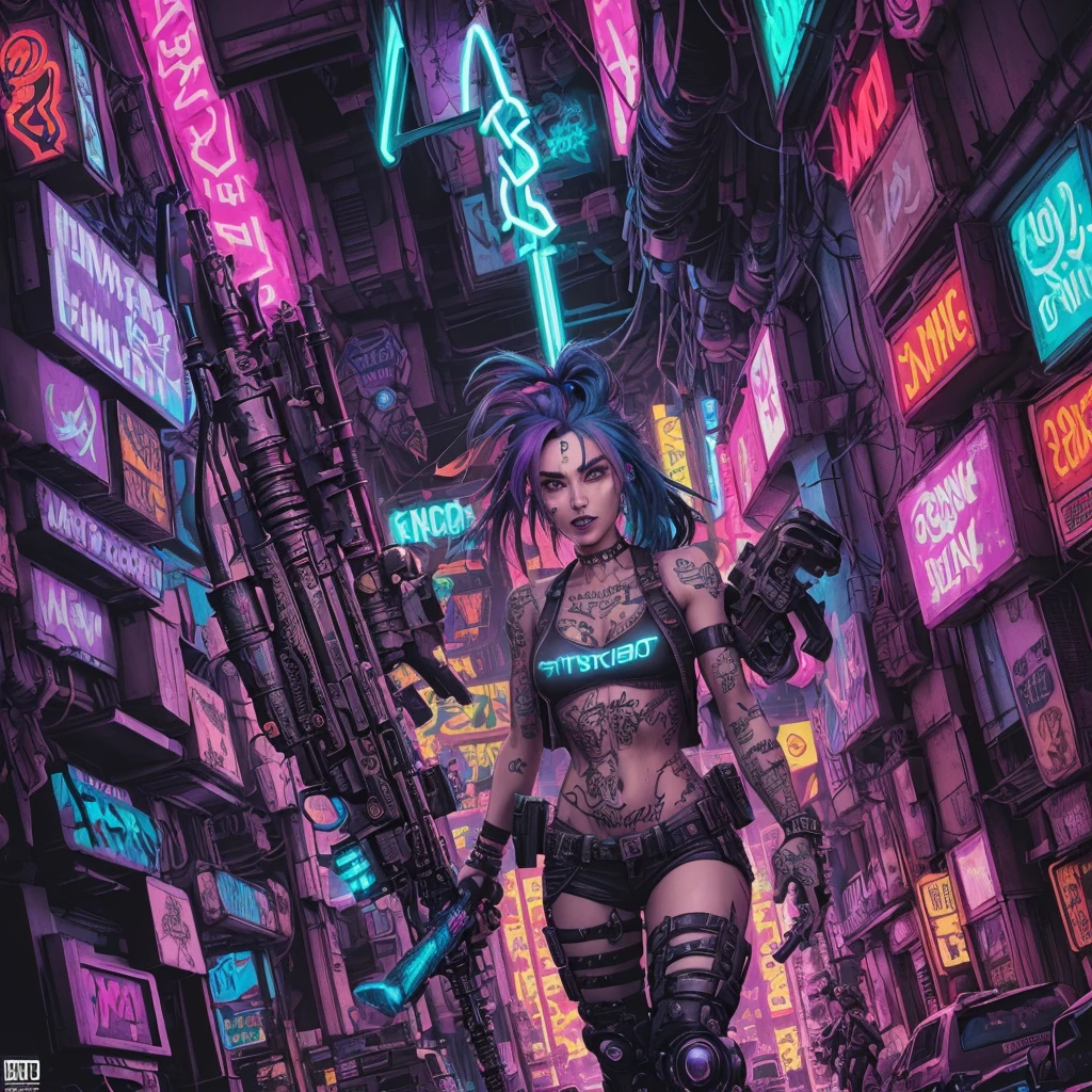 {{A ((dynamic)) depiction of {((Jinx from League of Legends))}}} with {((her signature weapon and mischievous expression))}. This is a {((cyberpunk))}-inspired image that showcases {((her chaotic and rebellious nature))}. The environment/background should be {((an urban cityscape with neon lights))} to create an {((energetic and edgy atmosphere))}. The image should be in the style of a {((digital illustration))}, incorporating elements of {((Riot Games, comic book art))}. The {((medium shot))} shot, captured with a {((35mm))} lens, will provide a {((focused yet dynamic perspective))}. The lighting should be {((high-contrast neon lighting))}, emphasizing {((Jinx's colorful hair and weaponry))}. The desired level of detail is {((high))} with a {((4K))} resolution, highlighting {((Jinx's distinct tattoos and facial expressions))}. The goal is to create a {((captivating and intense))} image that captivates viewers with its {((vibrant energy and chaos))}.
