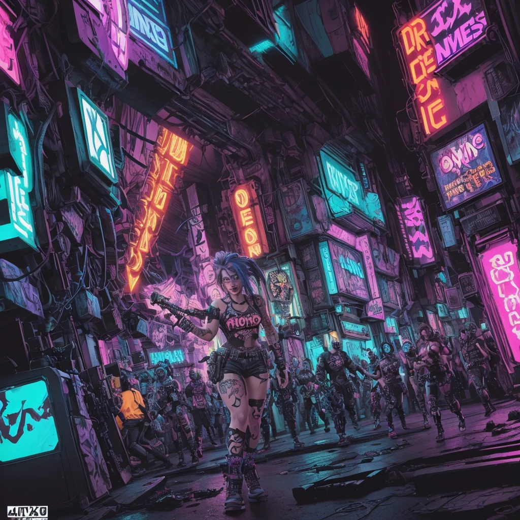 {{A ((dynamic)) depiction of {((Jinx from League of Legends))}}} with {((her signature weapon and mischievous expression))}. This is a {((cyberpunk))}-inspired image that showcases {((her chaotic and rebellious nature))}. The environment/background should be {((an urban cityscape with neon lights))} to create an {((energetic and edgy atmosphere))}. The image should be in the style of a {((digital illustration))}, incorporating elements of {((Riot Games, comic book art))}. The {((medium shot))} shot, captured with a {((35mm))} lens, will provide a {((focused yet dynamic perspective))}. The lighting should be {((high-contrast neon lighting))}, emphasizing {((Jinx's colorful hair and weaponry))}. The desired level of detail is {((high))} with a {((4K))} resolution, highlighting {((Jinx's distinct tattoos and facial expressions))}. The goal is to create a {((captivating and intense))} image that captivates viewers with its {((vibrant energy and chaos))}.
